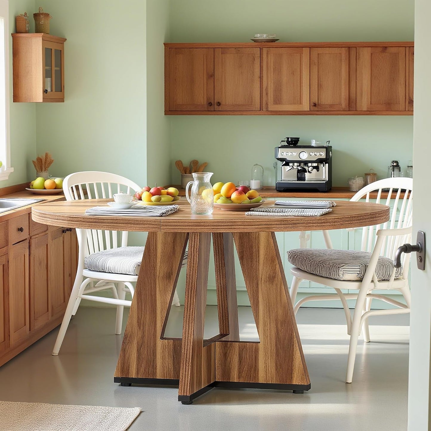 47" Round Dining Table for 4-6, Modern Dinner Table Farmhouse Round Small Kitchen Tables with Wooden Cross Base for Dining Room, Kitchen, Living Room, Vintage Brown