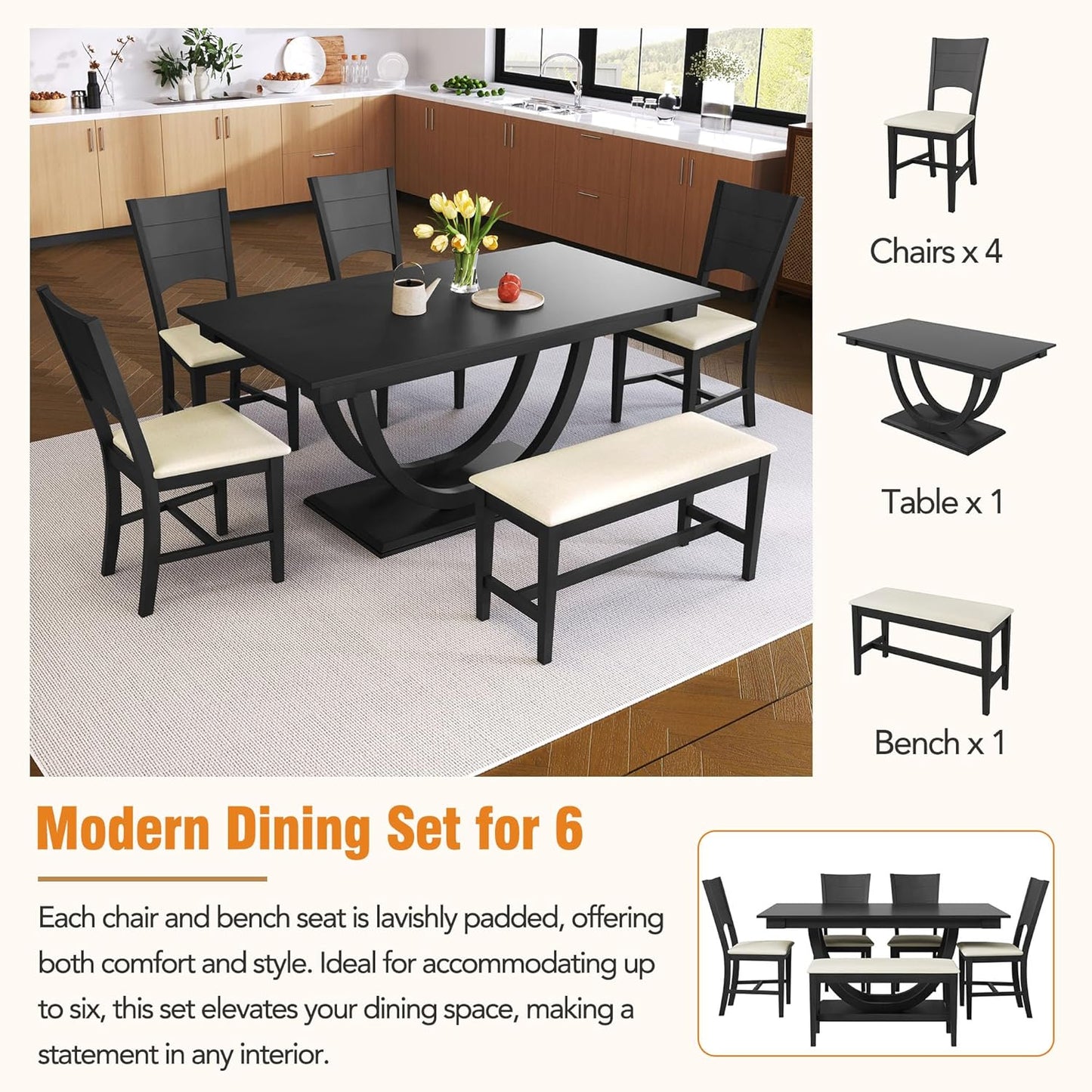 Ball & Cast Dining Table Set for 6,6-Piece Kitchen Table Set W/ 1 Bench & 4 Cushioned Chairs,59" Rectangular Desk W/Half Round Legs & Rectangle Base,for Dining Room,Kitchen,Restaurant,Gray