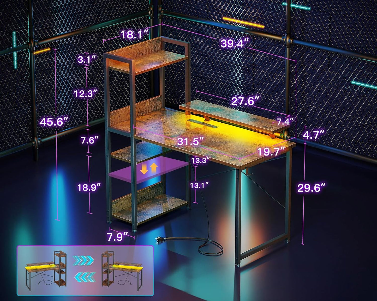 ODK Reversible Gaming Desk with USB Charging Port and LED Lights, 40 Inch Computer Desk with Storage Shelves & Monitor Stand, Writing Study Table for Home Office, Small Space Bedroom, Rustic Brown