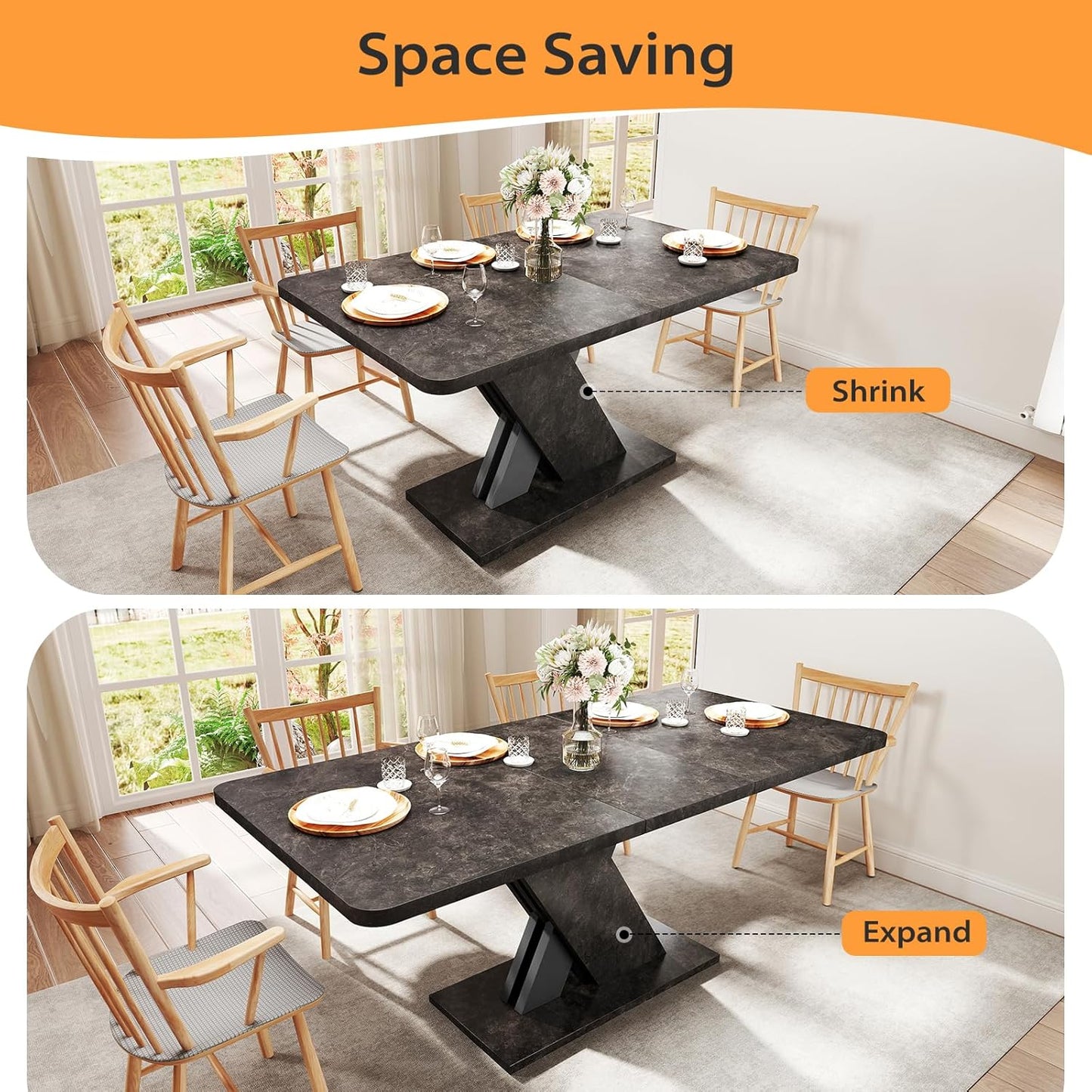 55"-70.87" Expandable Dining Table, Dinner Table for 4-8, Farmhouse Kitchen Table with X-Shaped Design Base, Rectangular Long Kitchen Table with Metal Track for Dining Room, Office-Marble