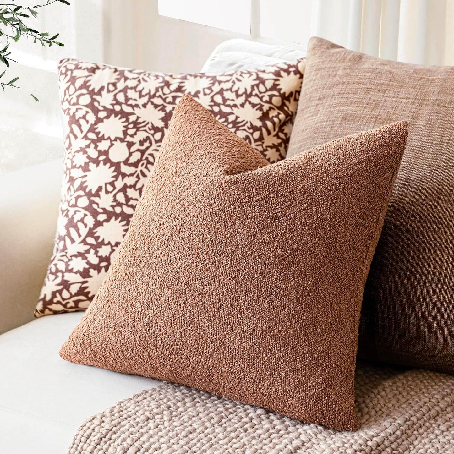 Foindtower Pack of 2 Textured Boucle Throw Pillow Covers Accent Solid Pillow Cases Cozy Soft Decorative Couch Cushion Case for Chair Sofa Bedroom Living Room Home Decor 18x18 Inch Dusty Orange Hazel