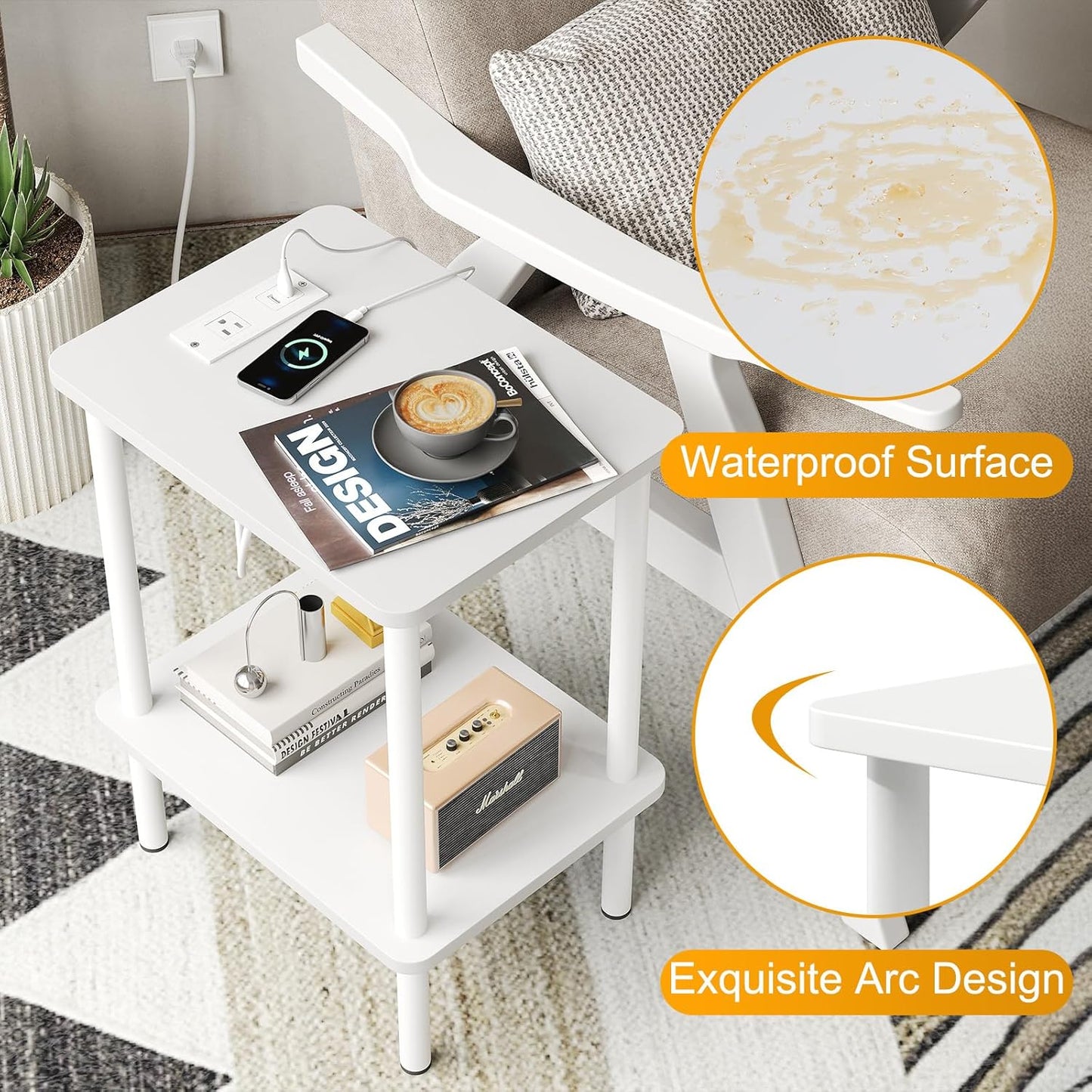 Apicizon 2 Tier End Table Set of 2, Small Side Table with Charging Station, Boho Bedside Table with USB Ports and Outlets, Nightstand for Small Spaces, Bedroom, Living Room, Easy Assembly, White