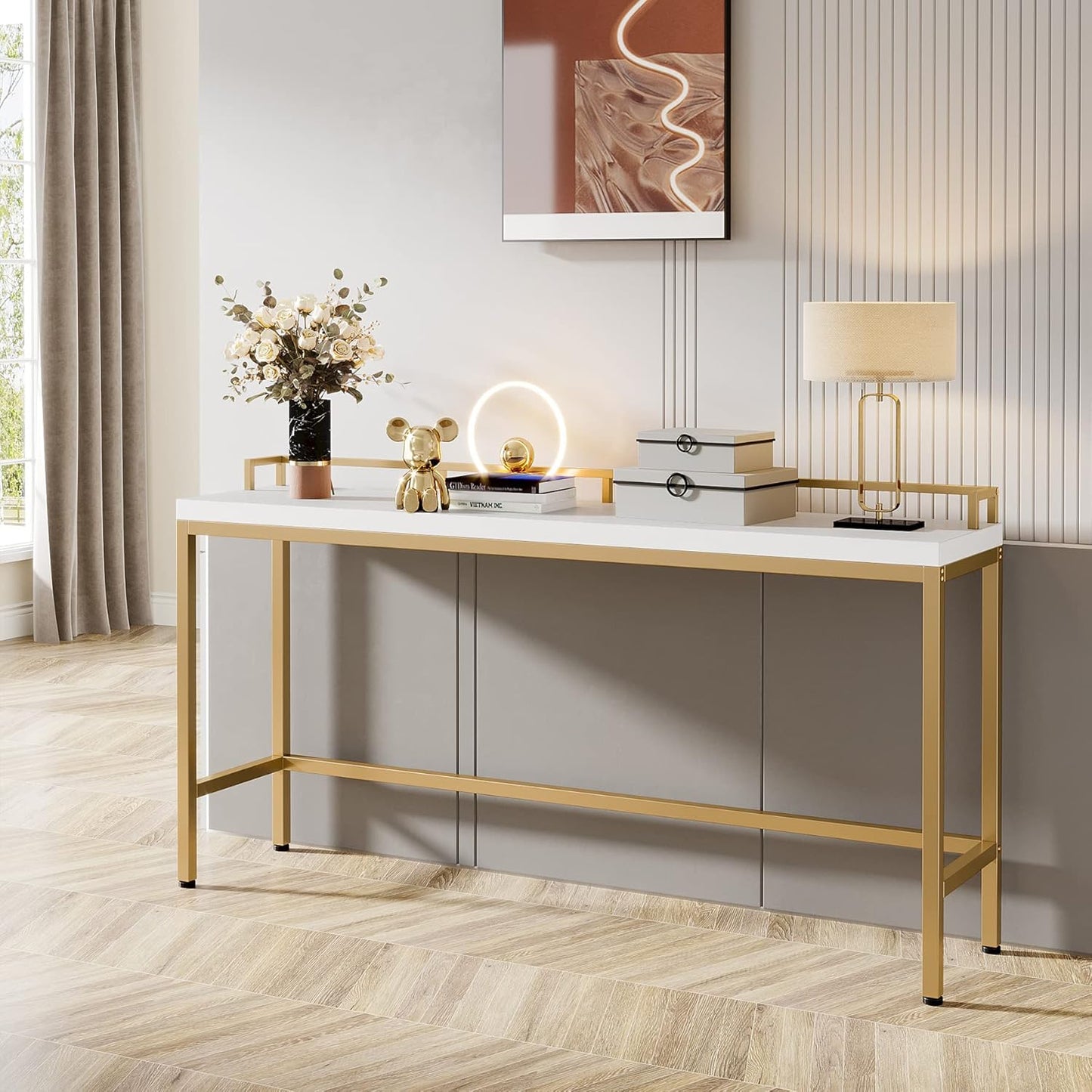 Tribesigns 70.9 inch Extra Long Sofa Table, Narrow Console Table Behind Couch, Modern Entryway Table Skinny Hallway Table for Living Room (White+Gold)