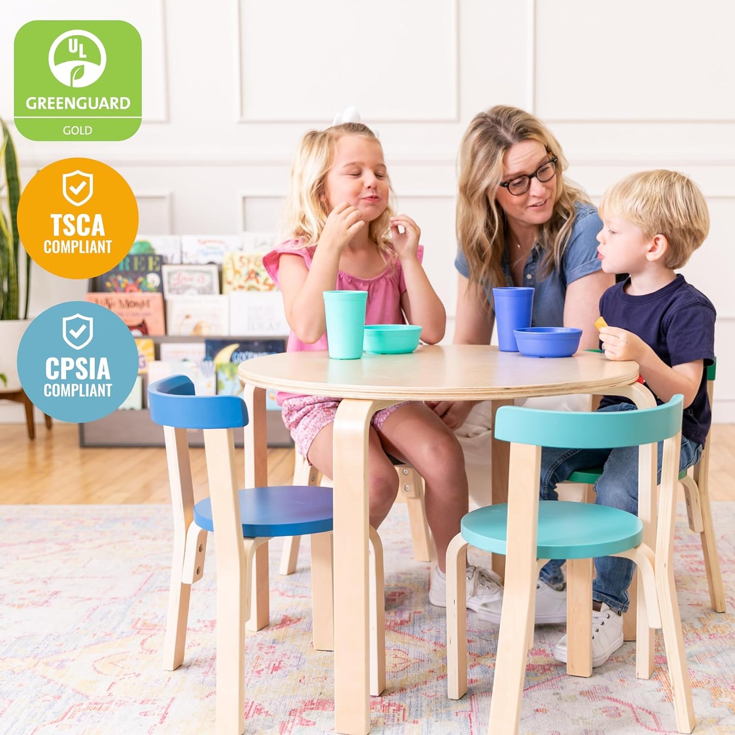ECR4Kids Bentwood Round Table and Curved Back Chair Set, Kids Furniture, Contemporary, 5-Piece