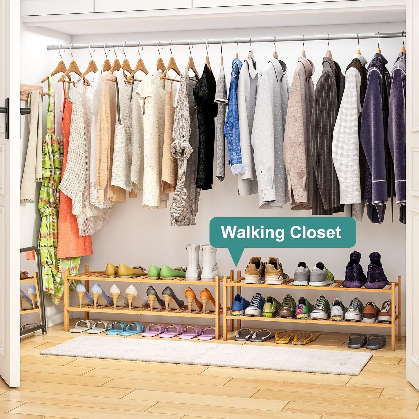 2-Tier Long Shoe Rack for Entryway, Black Bamboo Wood Shoe Rack for Closet & Hallway, Long 33IN | Beautiful | Functional | Sturdy | Durable