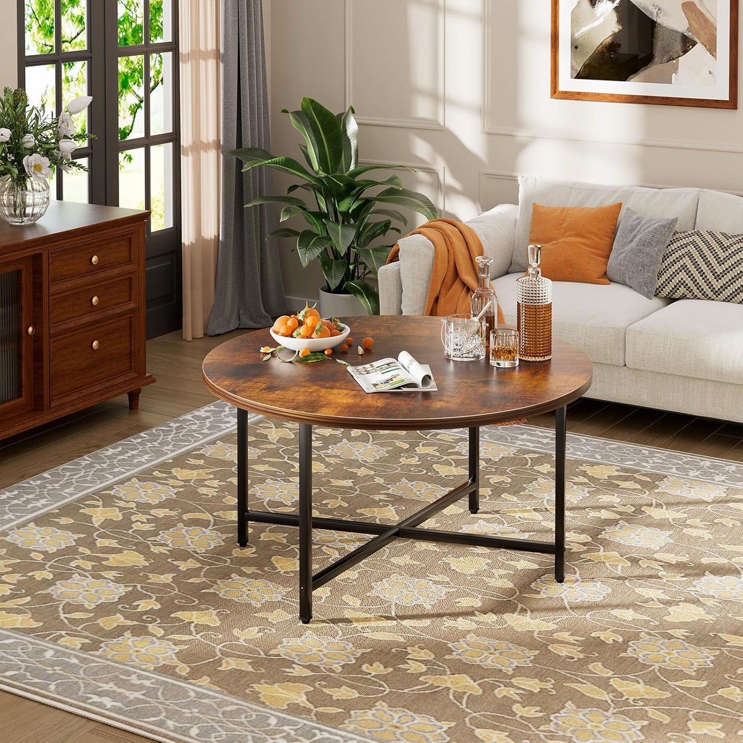 Round Coffee Table, 31.5" Circle Coffee Table，Modern Round Coffee Tables Living Room, Large Coffee Table Round for Indoor & Outdoor Use, Office, Patio or Garden, Rustic Brown (31.5" D*17.7" H)