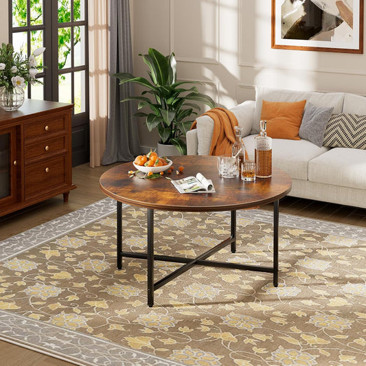 Round Coffee Table, 31.5" Circle Coffee Table，Modern Round Coffee Tables Living Room, Large Coffee Table Round for Indoor & Outdoor Use, Office, Patio or Garden, Rustic Brown (31.5" D*17.7" H)