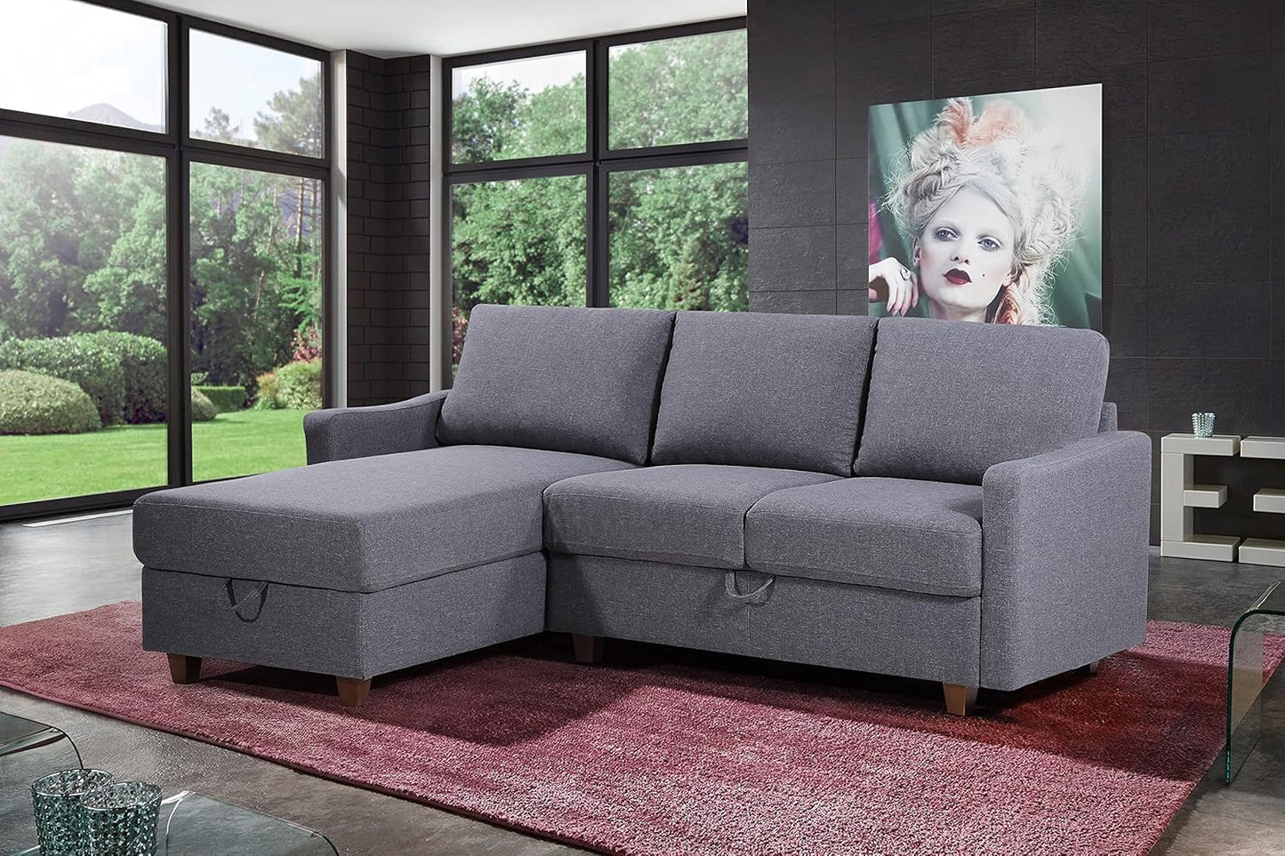 Container Furniture Direct Sectional Sofa with Storage – Modern Upholstered Living Room Couch, Reversible Chaise for Home, Apartment, Office, 81.9” L, Dark Grey