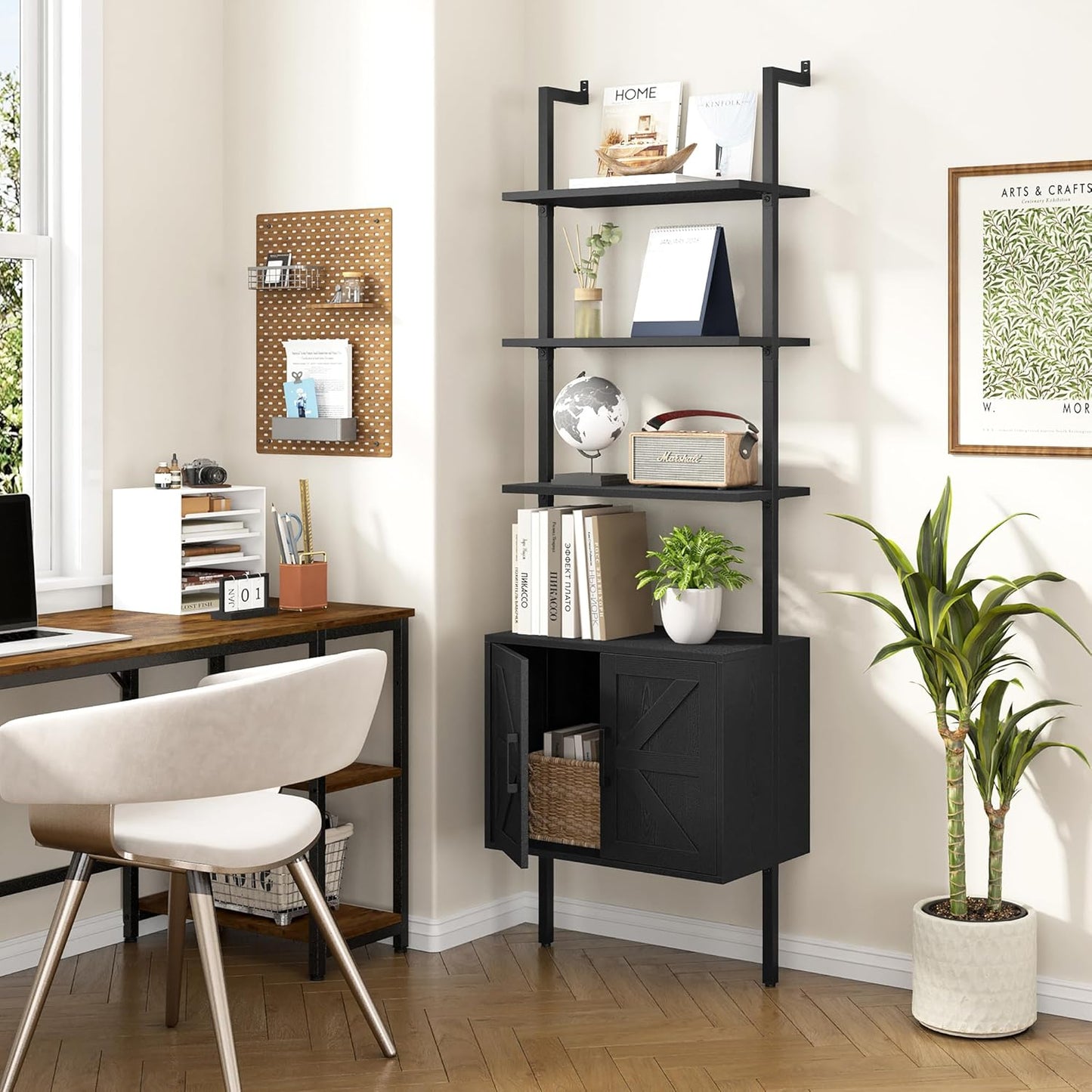 Yusong 73" Tall Bookshelf with Cabinet, Industrial Ladder Wall Mount Shelf Farmhouse Bookcase with Wood and Metal Frame, Plant Shelf Wall Storage Display for Living Room Bedroom, Farmhouse Black