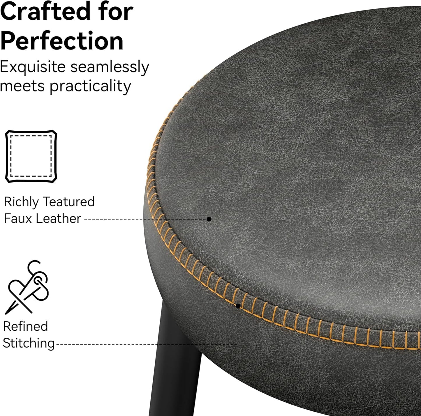 Counter Height Bar Stools, 26" H Backless Bar Stools Set of 2, Upholstered Faux Leather Kitchen Counter Stools, Mid Century Modern, Kitchen Island Home Bar, Pub, Black Grey