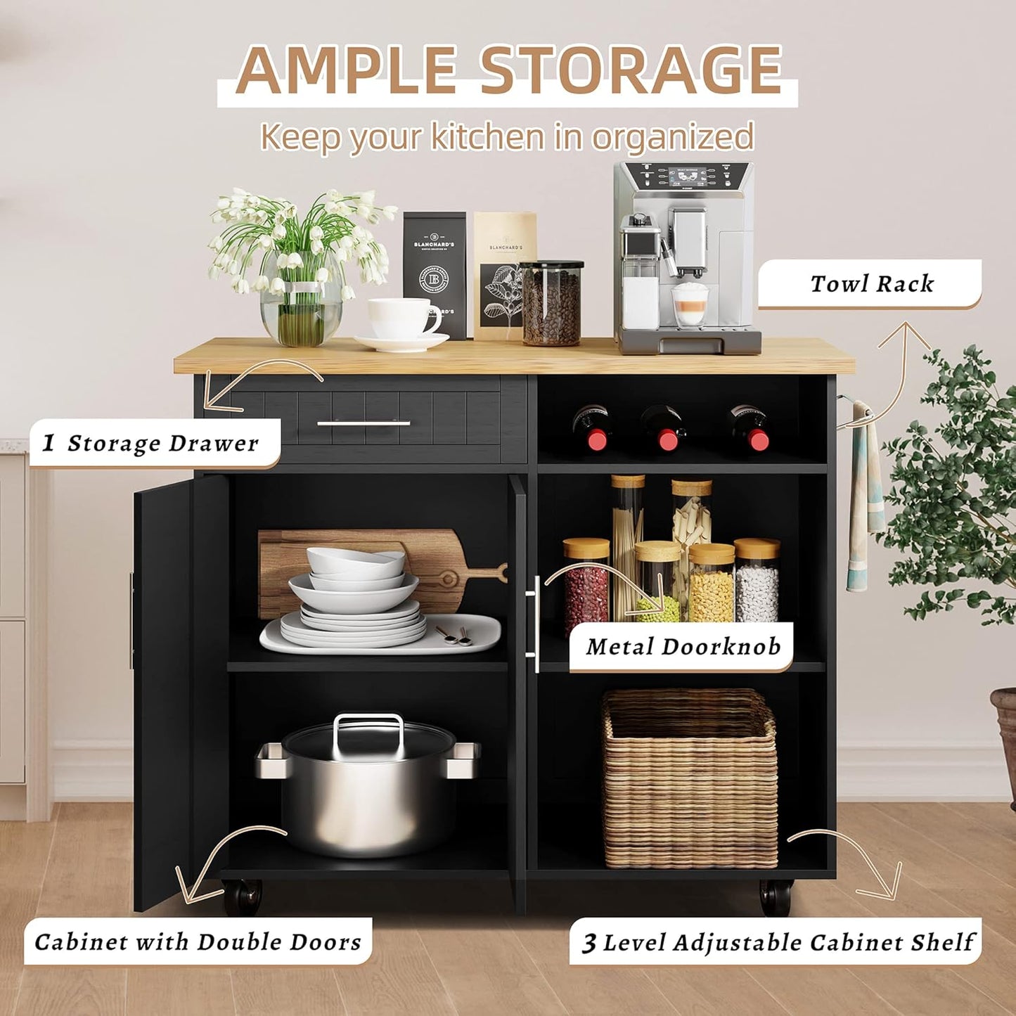 Shintenchi Kitchen Island Cart with Storage,Rolling Kitchen Island Side Table on Wheels with Large Worktop,Storage Cabinet,Towel Rack and Drawers for Kitchen,Dinning Room,Black