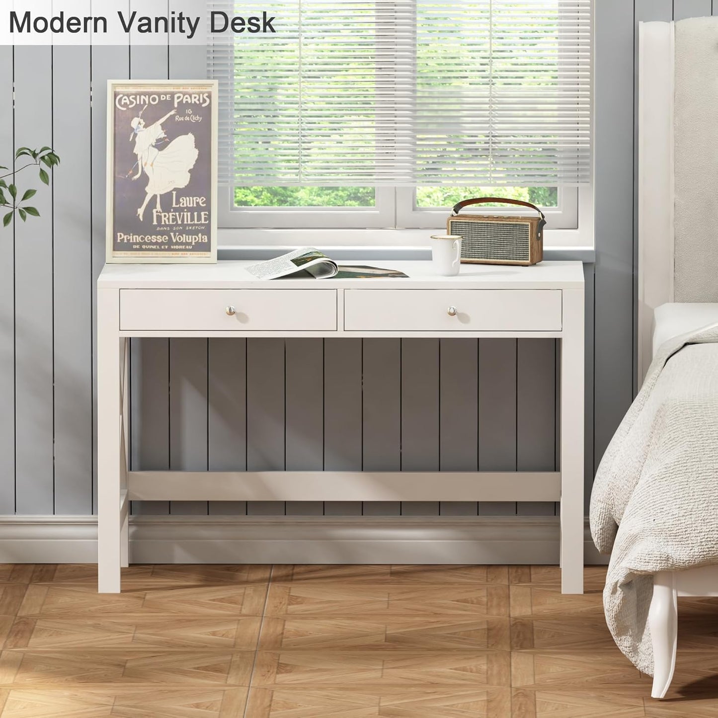 ChooChoo Computer Desk Study for Home Office, Modern Simple 40 Inches White Desk with Drawers, Makeup Vanity Console Table