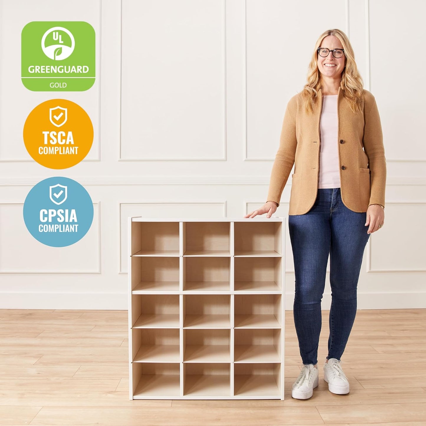 ECR4Kids Streamline 15 Cubby Tray Storage Cabinet, 5x3, Classroom Furniture, White Wash