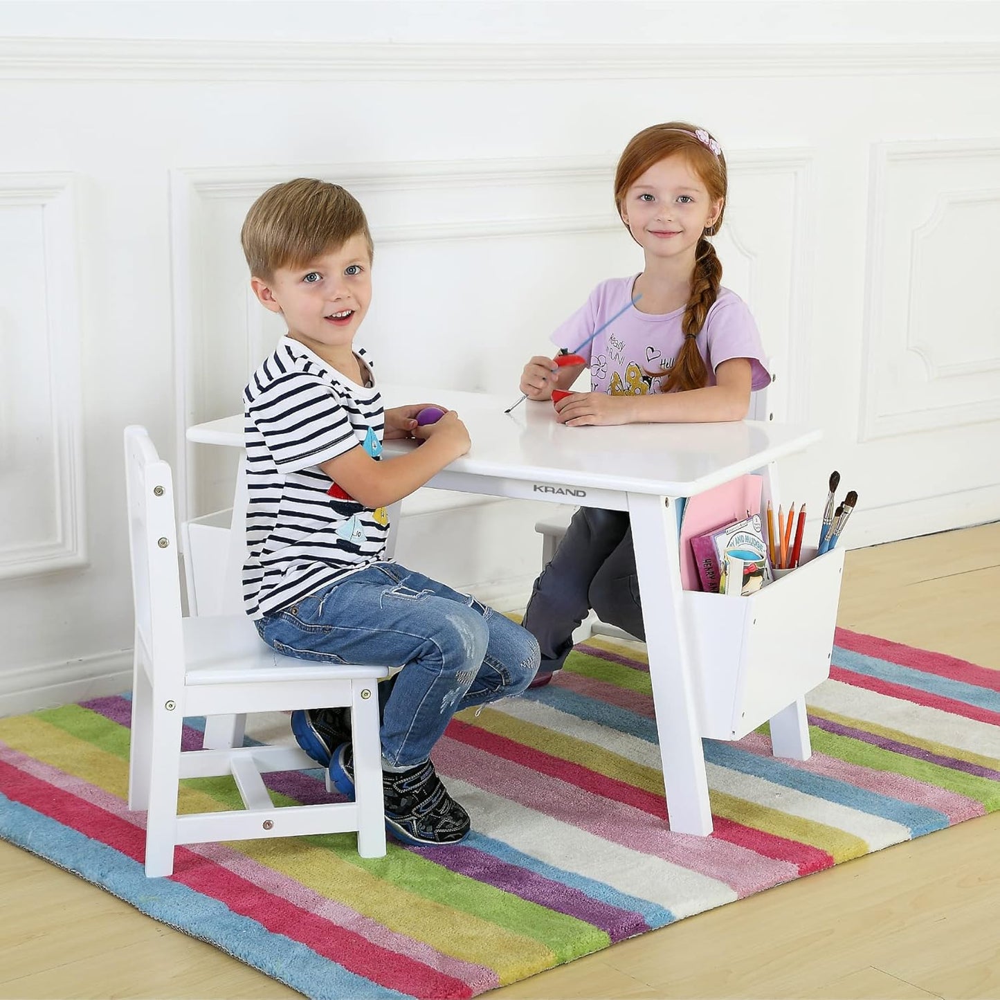 Kids Solid Wood Table and 2 Chair Set with Built-in Storage Cases Children's Storage Table and Chair Set for Toddlers Boys and Girls (Bianca White)