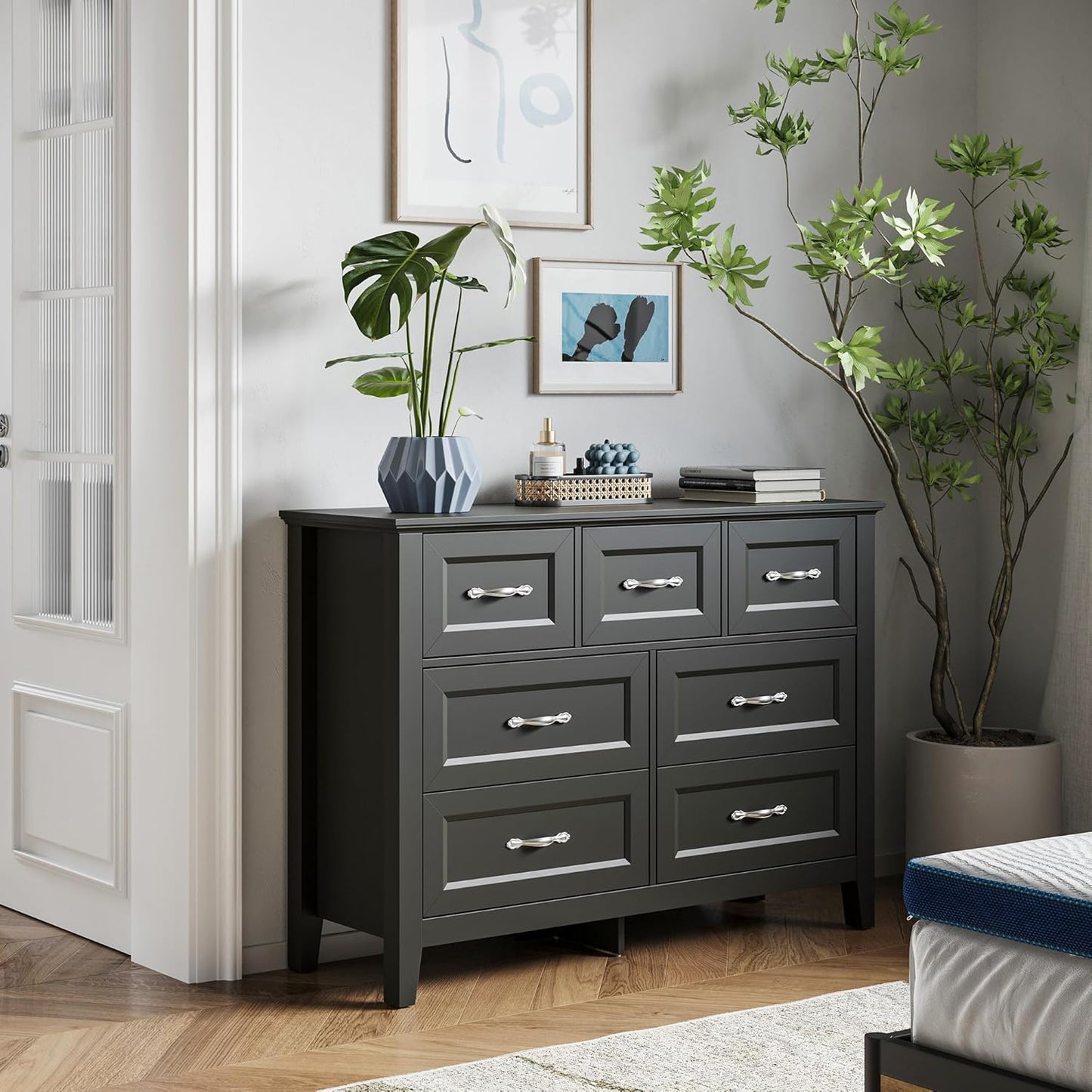 LINSY HOME 7 Drawers Dresser for Bedroom, 47" Wide Wooden Storage Chest with Antique Handles, Modern Farmhouse Dresser TV Stand with Wood Legs for Closet, Living Room, Hallway, Black