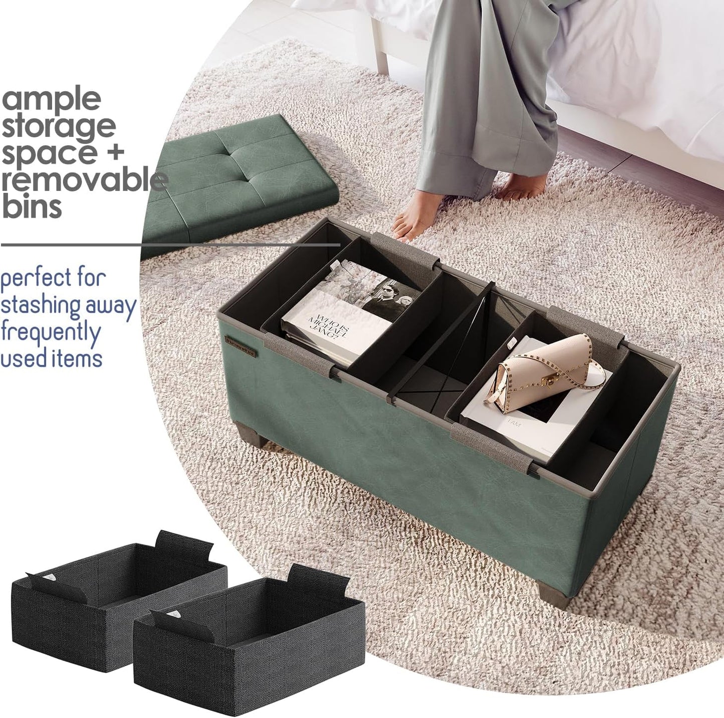 STORAGEBUD Storage Ottoman Bench with Bins, 30-in Storage Bench for Bedroom End of Bed, Folding Foot Rest Ottoman for Living Room Max 660lbs, Faux Leather Ottomans, Green