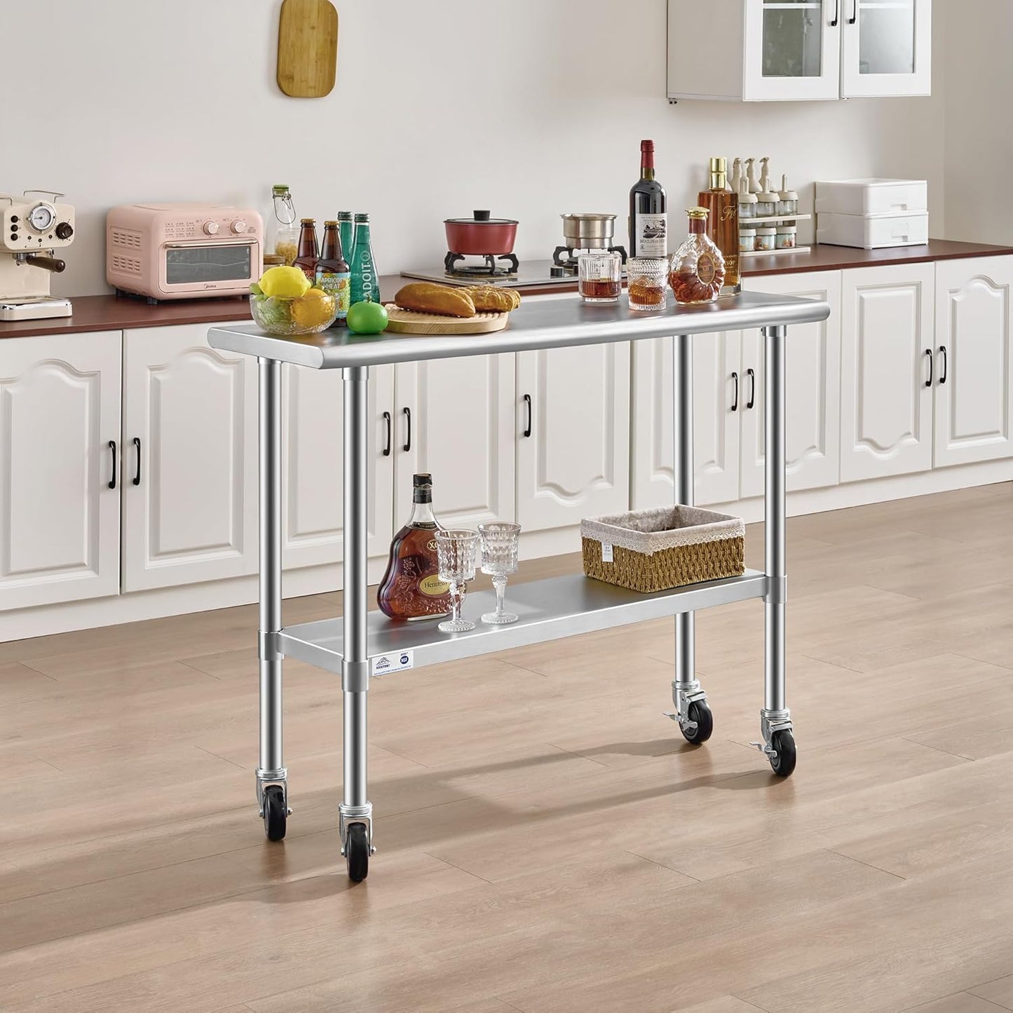 ROCKPOINT Stainless Steel Table for Prep & Work with Caster Wheels 14x48 Inches, NSF Metal Commercial Kitchen Heavy Duty Table with Adjustable Under Shelf and Table Foot for Restaurant, Home and Hotel
