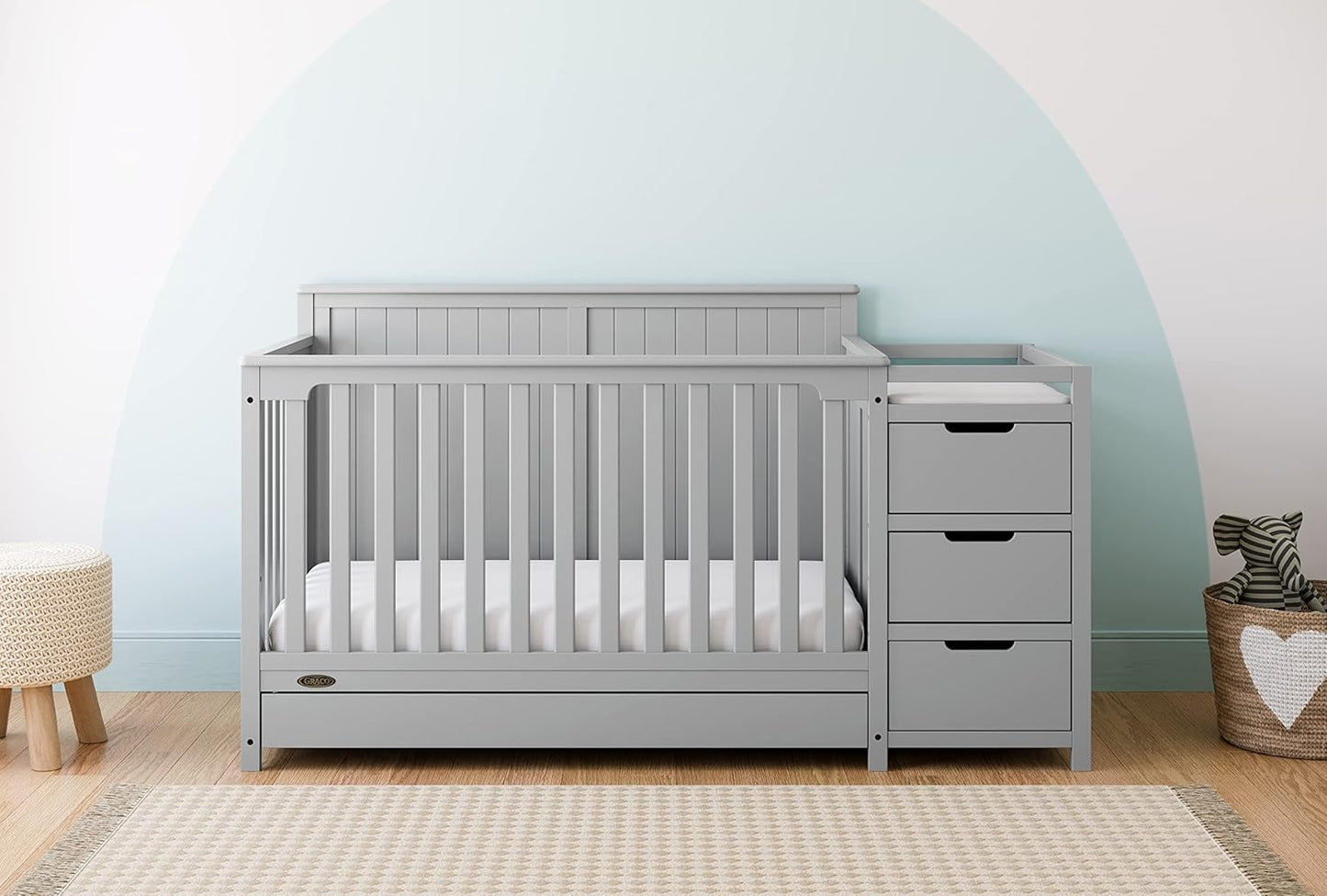 Graco Hadley All-in-One Convertible Crib & Changer (Pebble Gray) – GREENGUARD Gold Certified, Fits Standard Crib Mattress, Converts to Toddler Bed and Full Bed, 4 Adjustable Mattress Heights