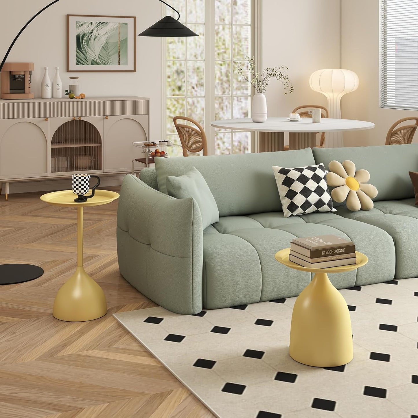 hitsuki Yellow Nesting Coffee Table Set of 2 Funky Colorful Round Metal End Side Tables for Living Room Sofa Retro Modern Pedestal nightstand Cute Matte Cream Yellow Side Table