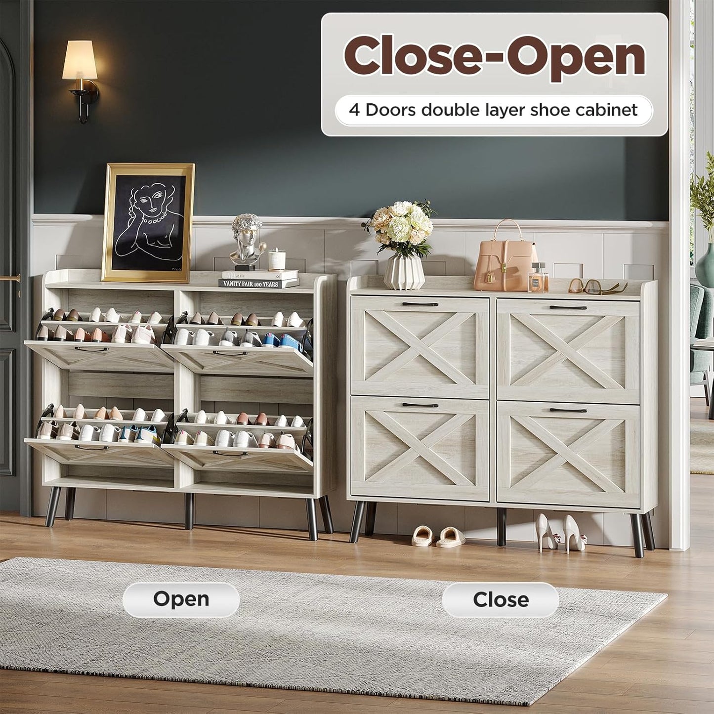 Maupvit Large Shoe Storage Cabinet with 4 Flip Drawers, Narrow Shoe Cabinet for Entryway with Wooden Legs, Freestanding Hidden Shoe Rack Organizer ＆ Metal Hinges, Beige