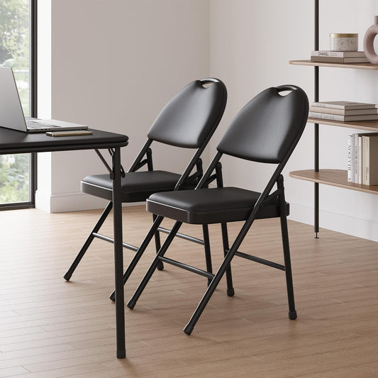GarveeHome 2 Pack Folding Chairs with PU Leather Padded Cushion and Back, Metal Foldable Chair for Indoor Outdoor, Commercial Stackable Guest Chairs for Camping, Dining Room, Office, Party, Black