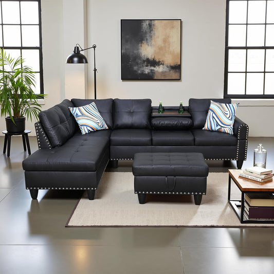 L Shaped Couch Faux Leather Sectional Couch Upholstered 3 Pieces Sofas for Living Room with Chaise, Storage Ottoman for Office and Small Apartment, Graceful Black