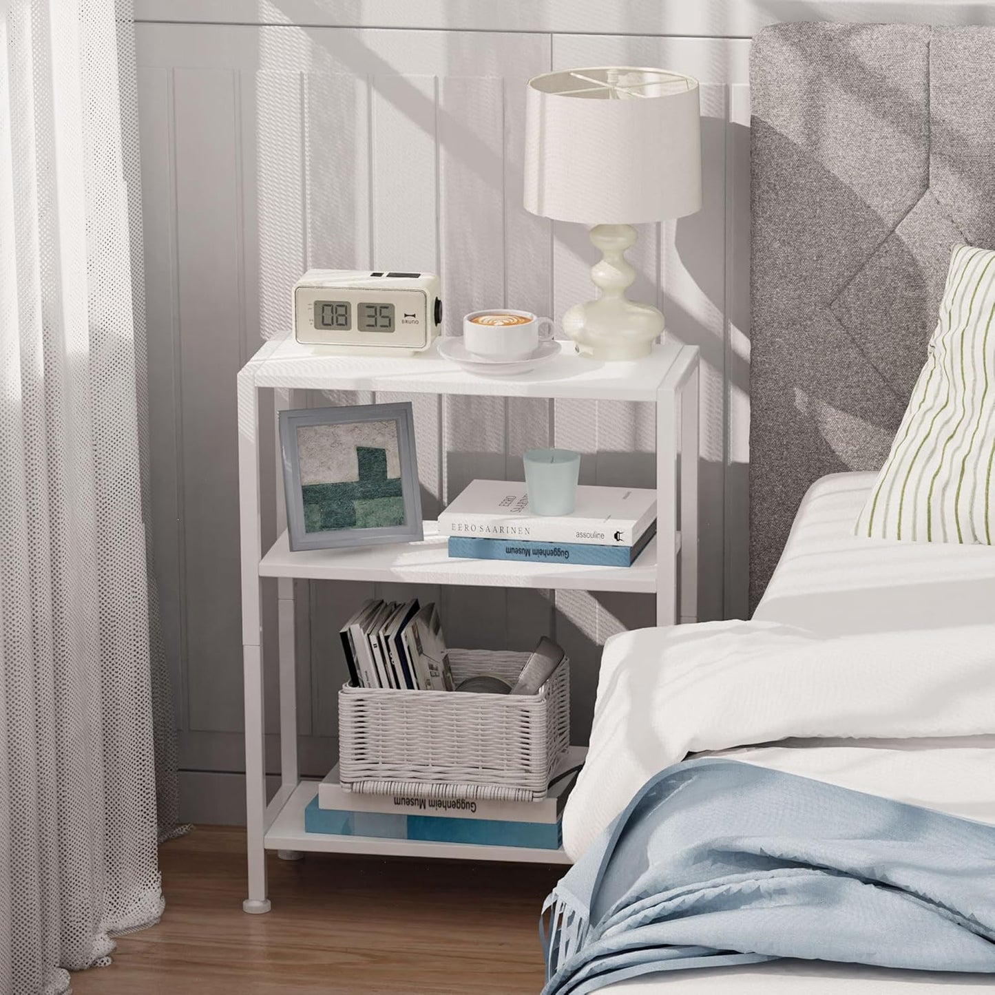 3-Tier Side Table, Small End Table, Sofa Side Table for Narrow Spaces, Slim End Table, Skinny Nightstand Table for Living Room Bedroom Office, White