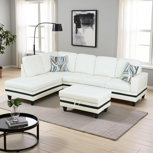 L Shaped Couch PU Leather Sectional Couch Upholstered 3 Pieces Sofas for Living Room with Chaise, Storage Ottoman for Office and Small Apartment, Black and White