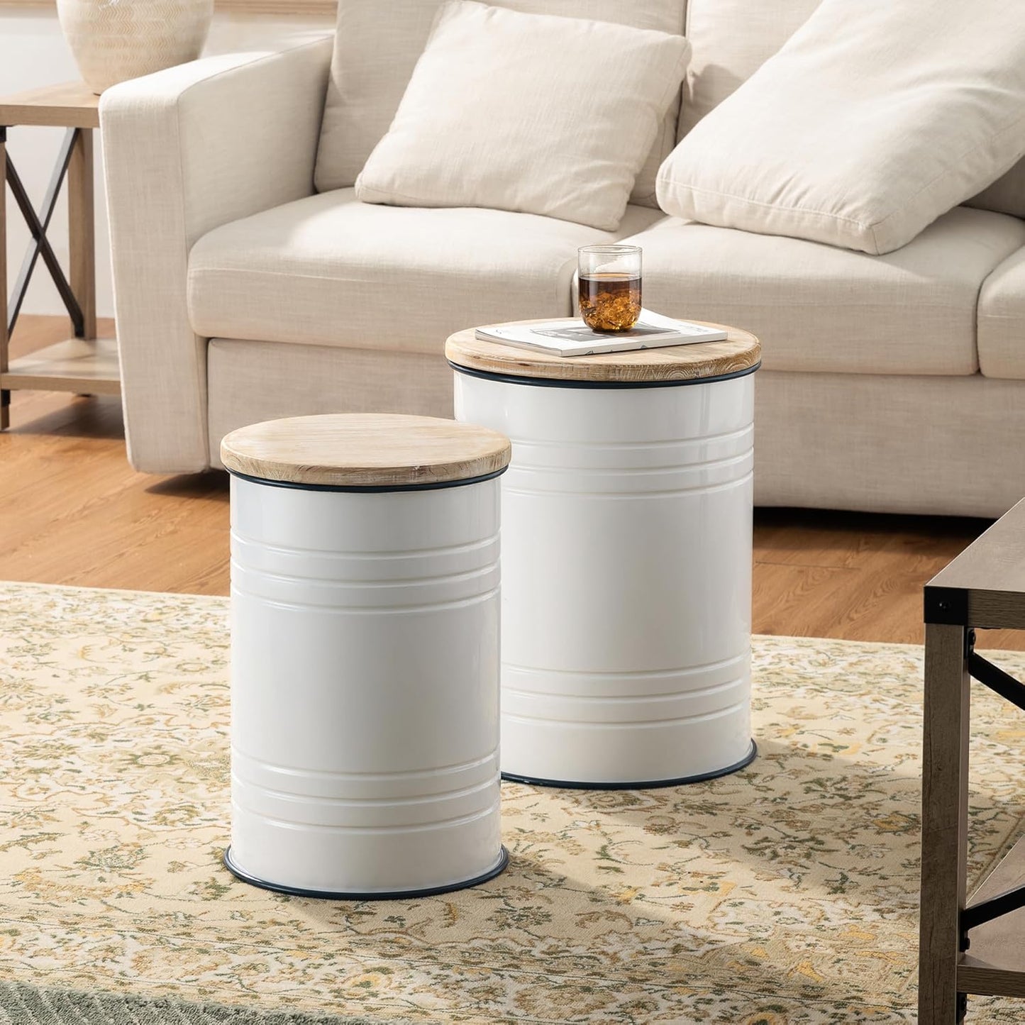 Glitzhome Farmhouse Accent Side Table, Metal Storage Stool Ottoman with Round Lid - Galvanized Coffee Cocktail End Tables Set of 2 for Living Room Bedroom, White