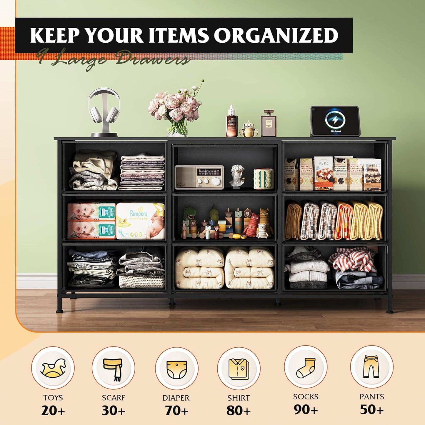 WLIVE 54''W Dresser for Bedroom, Black Dresser TV Stand for 55, 60, 65 inch TV, Wide Chest of Drawers with 9 Drawer, Large Entertainment Center, Fabric Dressers with Wood Top for Closet, Living Room