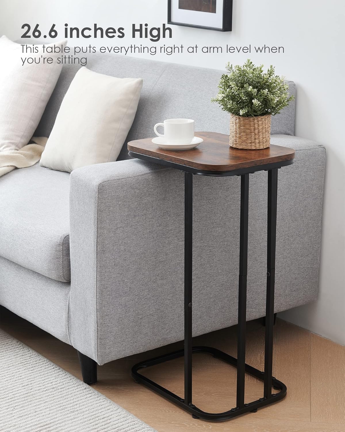 C Shaped End Table, 27 Inches High Small Side Table for Sofa and Bed, Couch Table That Slides Under, Tall Tv Tray Table for Living Room, Bedroom, Metal Frame, Rustic Brown & Black