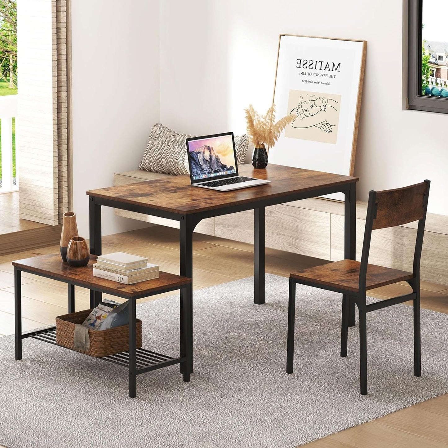 4-Piece Dining Table Set with Bench - 4 Person Kitchen Table and 2 Chairs for Small Spaces, Apartment - Metal Frame & Woodgrain Tabletop, Space-Saving Design, Durable & Easy to Clean, Rustic Brown
