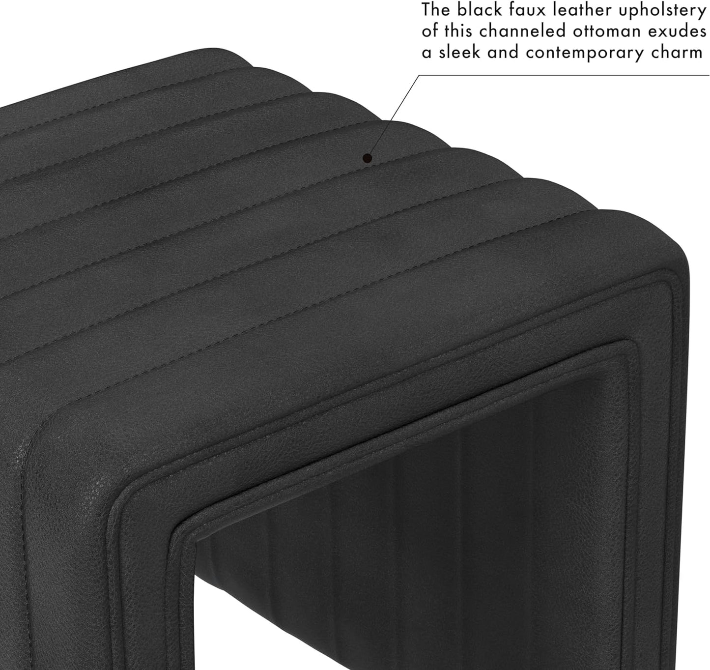 HomePop Modern Channel Tufted Faux Leather Ottoman Home Décor|Ottoman for Living Room & Bedroom - Black Faux Leather