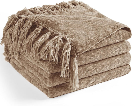 Chenille Throw Blanket for Couch 50"X 60", Soft Cozy Throws with Fringe Tassel for Bed Sofa Chair Cover, Lightweight Knitted Decorative Boho Blankets for Living Room, Taupe