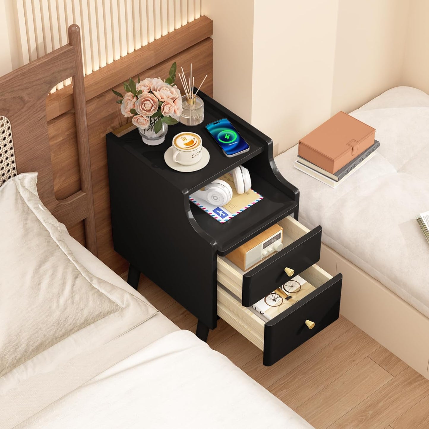 Narrow Nightstand, Solid Wood Night Stand with 2 Drawers, White Mid Century Modern Nightstand, Small Beside Table with Open Storage Shelf for Bedroom（12 inch