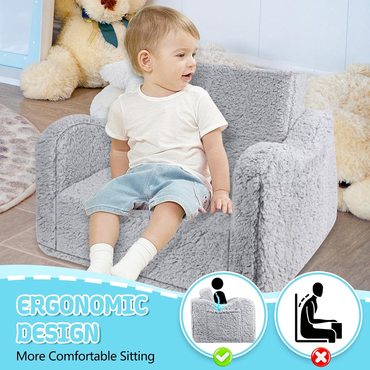 Kids Couch for Toddlers, 2-in-1 Kids Sofa Chair, Comfy Soft Foldable Toddler Couch Chair for Girls and Boys
