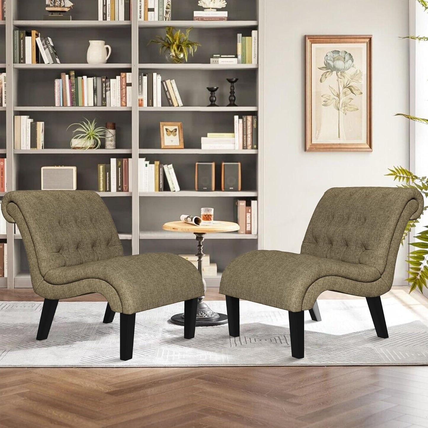 Yongqiang Accent Chairs Set of 2 Modern Armless Living Room Bedroom Side Chairs Button Tufted Upholstered Leisure Chair with Wood Legs