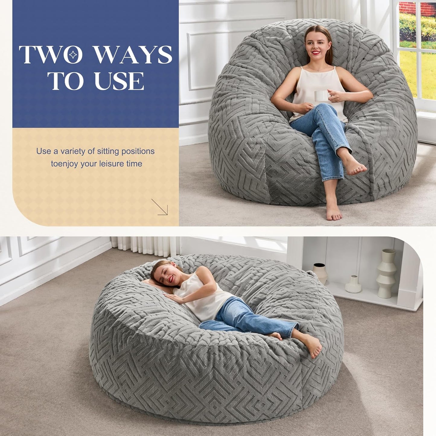 Hobestluk Bean Bag Chairs Adults Beanbag Chair with Filler Large Bean Bags with Fluffy Embossed Cover, Giant Bean Bag Chairs for Adults (Grey, 6FT - 70" x 70" x 15")