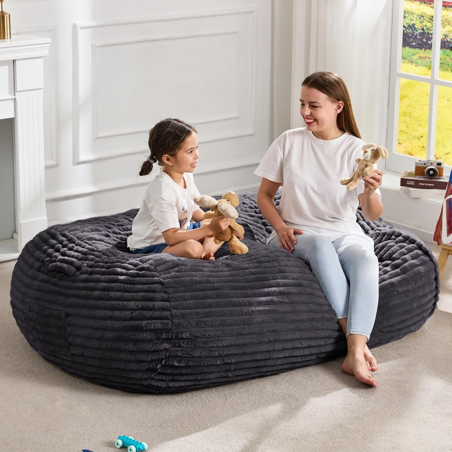 Hobestluk 4FT Bean Bag Chairs Adult Bean Bag with Portable Handle Comfy Large Bean Bag Chair with Removable Cover for Living Room Bedroom or Reading Nook (Stripe Dark Grey, 4FT)