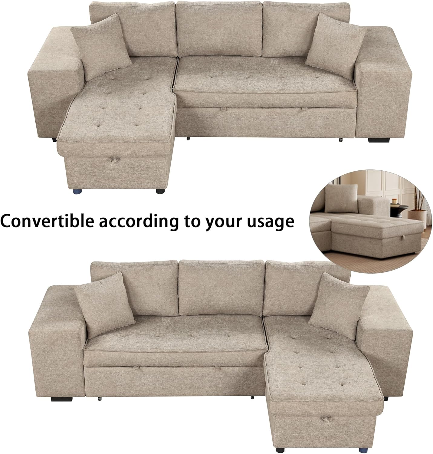 Ball & Cast 104" L-Shape Sectional Sofa with Storage Chaise and 2 Stools,Pull-Out Bed,3-Seat Chenille Reversible Couch w/Storage Armrest,for Living Room,Apartment,Cream