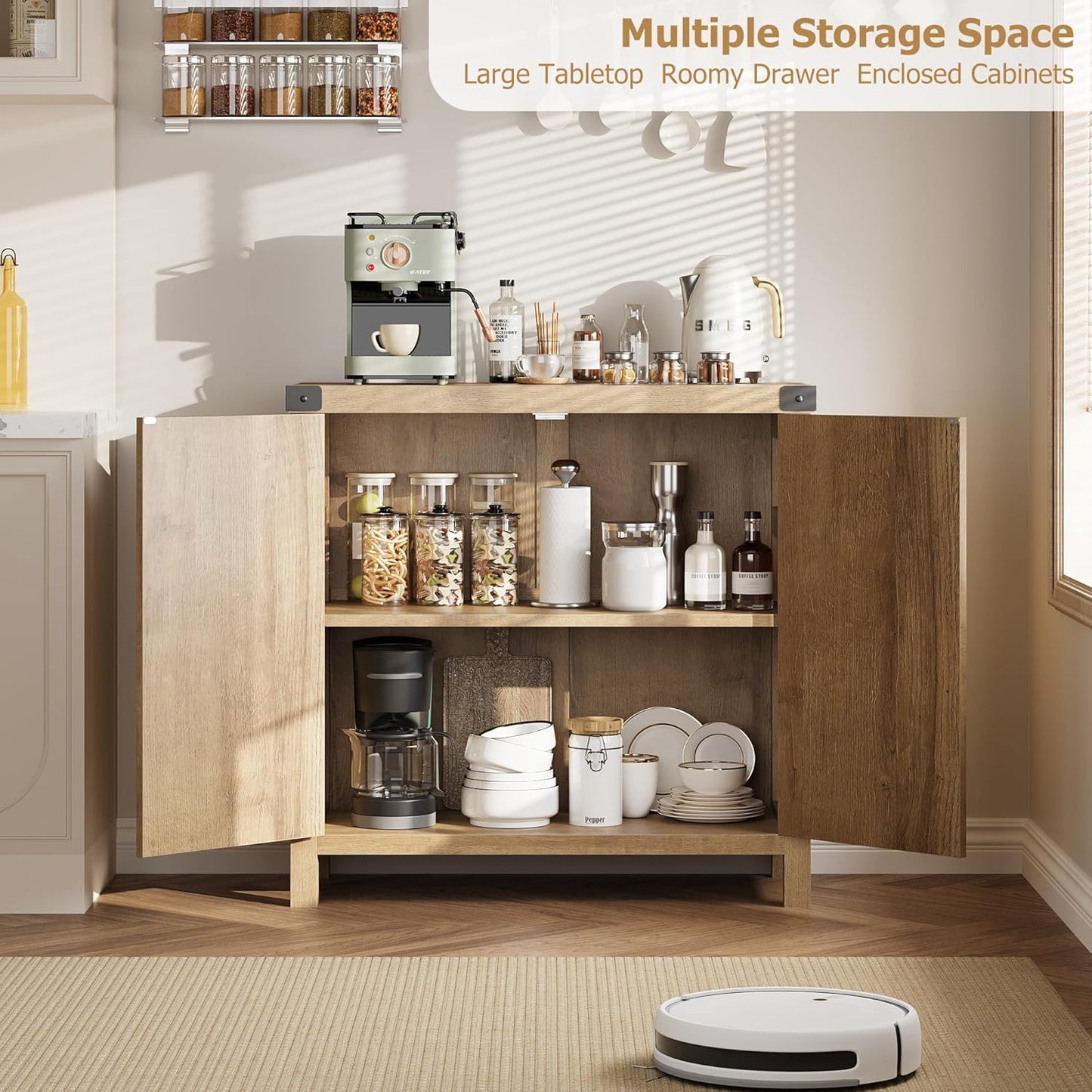 Garvee 31.5'' Small Rattan Buffet Cabinet with Storage, Kitchen Coffee Bar Cabinet with Doors, Boho Farmhouse Sideboard with Adjustable Shelves and Handle for Kitchen, Living Room, Natural