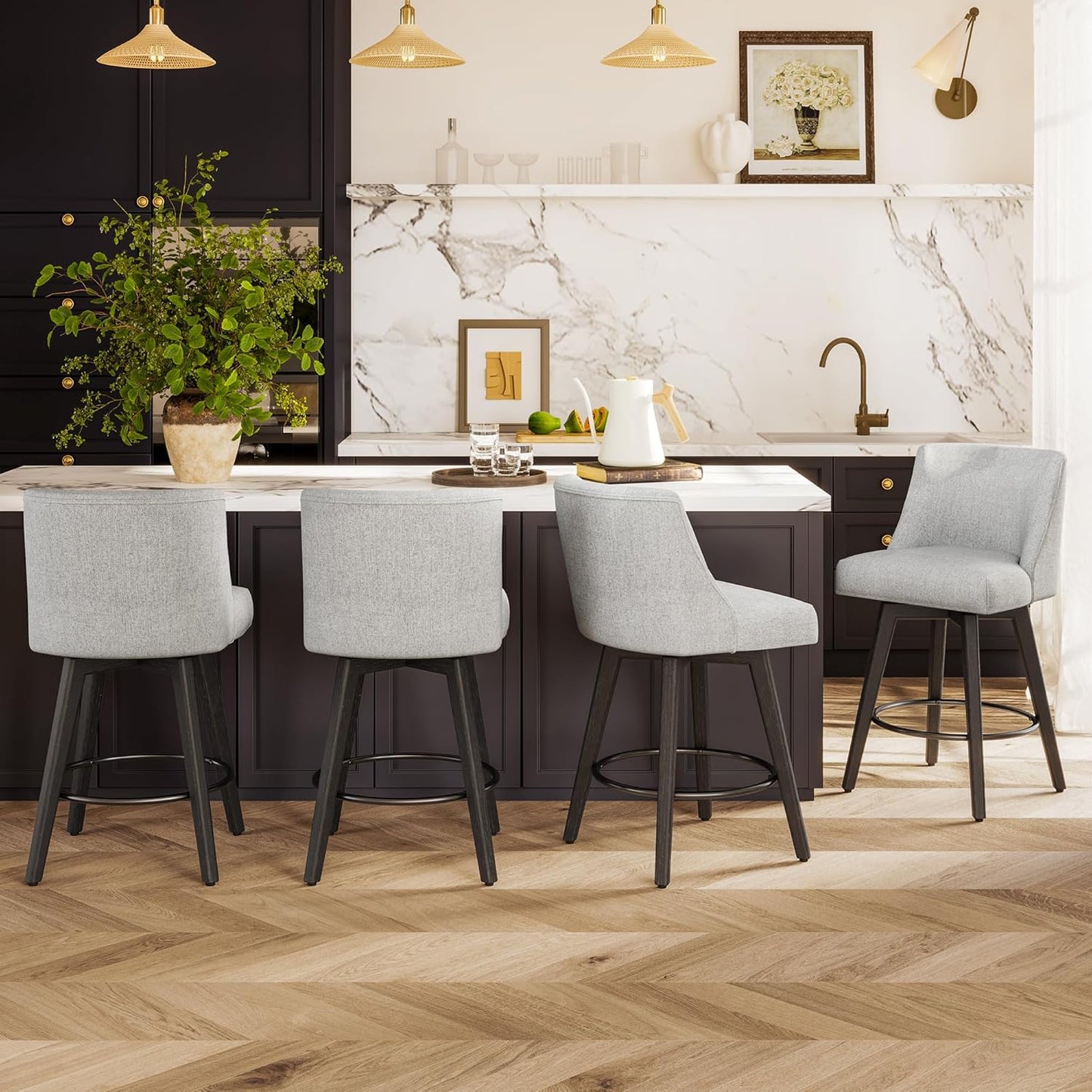 Counter Height Bar Stools Set of 4, Modern Swivel Barstools with Back and Wood Legs, Linen Fabric Upholstered Bar Chairs, 26" H Kitchen Counter Stools, Kitchen Island Home Bar, Light Grey