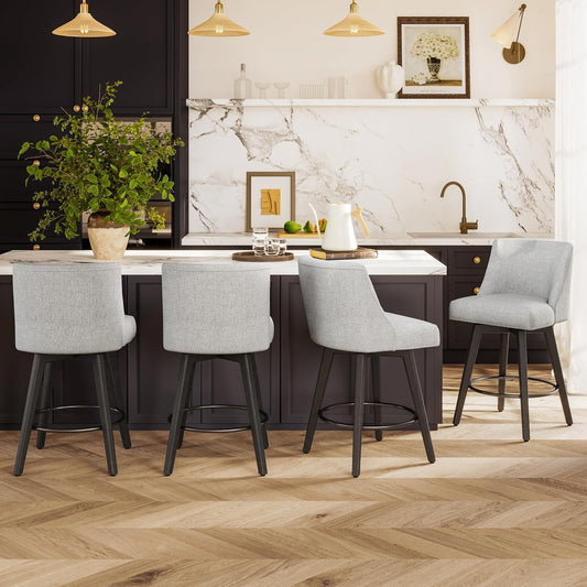 Counter Height Bar Stools Set of 4, Modern Swivel Barstools with Back and Wood Legs, Linen Fabric Upholstered Bar Chairs, 26" H Kitchen Counter Stools, Kitchen Island Home Bar, Light Grey