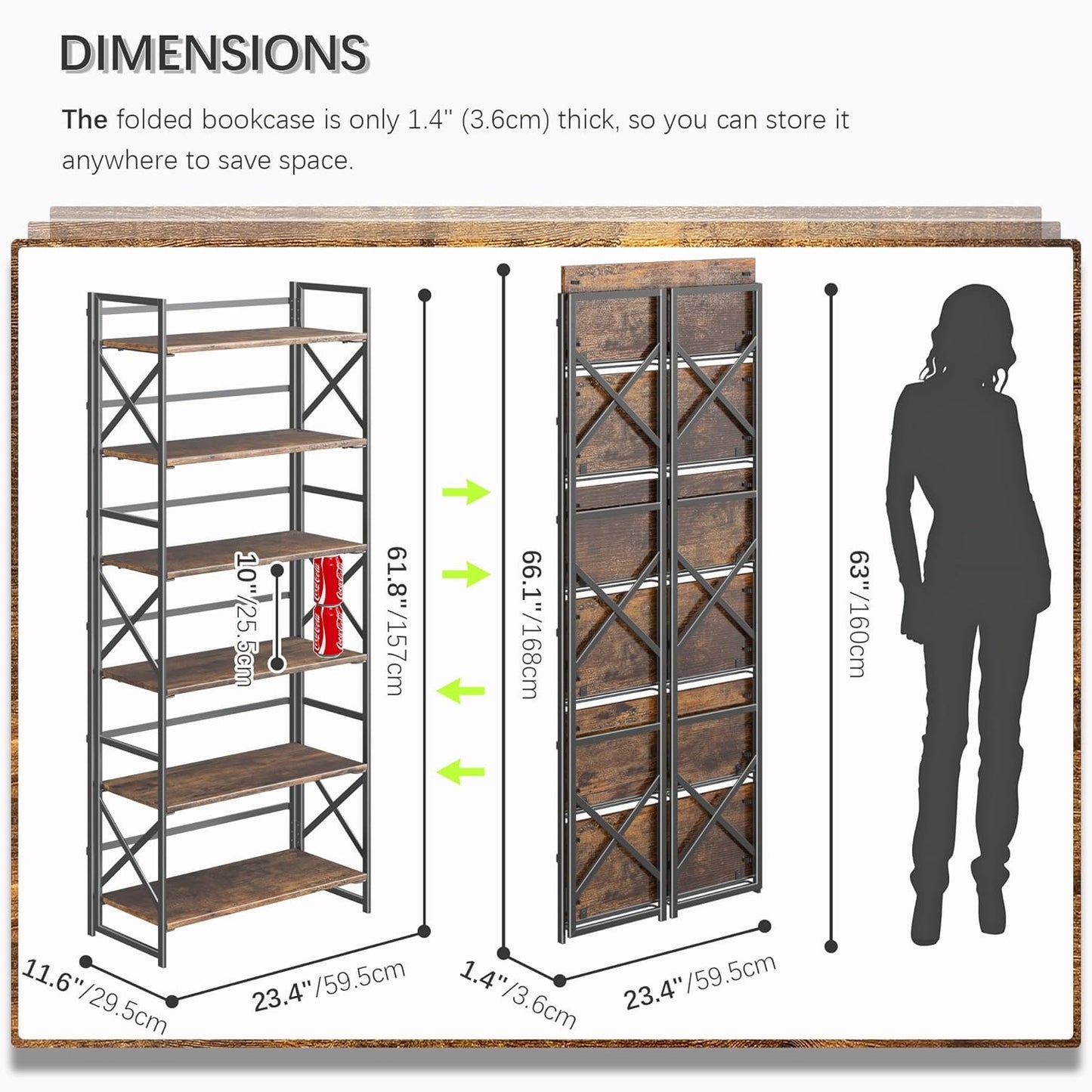 4NM 6 Tiers No Assembly Book Shelves, 61.8" H Folding Bookshelf Bookcase Open Industrial Foldable Shelves for Bedroom, Living Room, Home Office - Rustic Brown Black