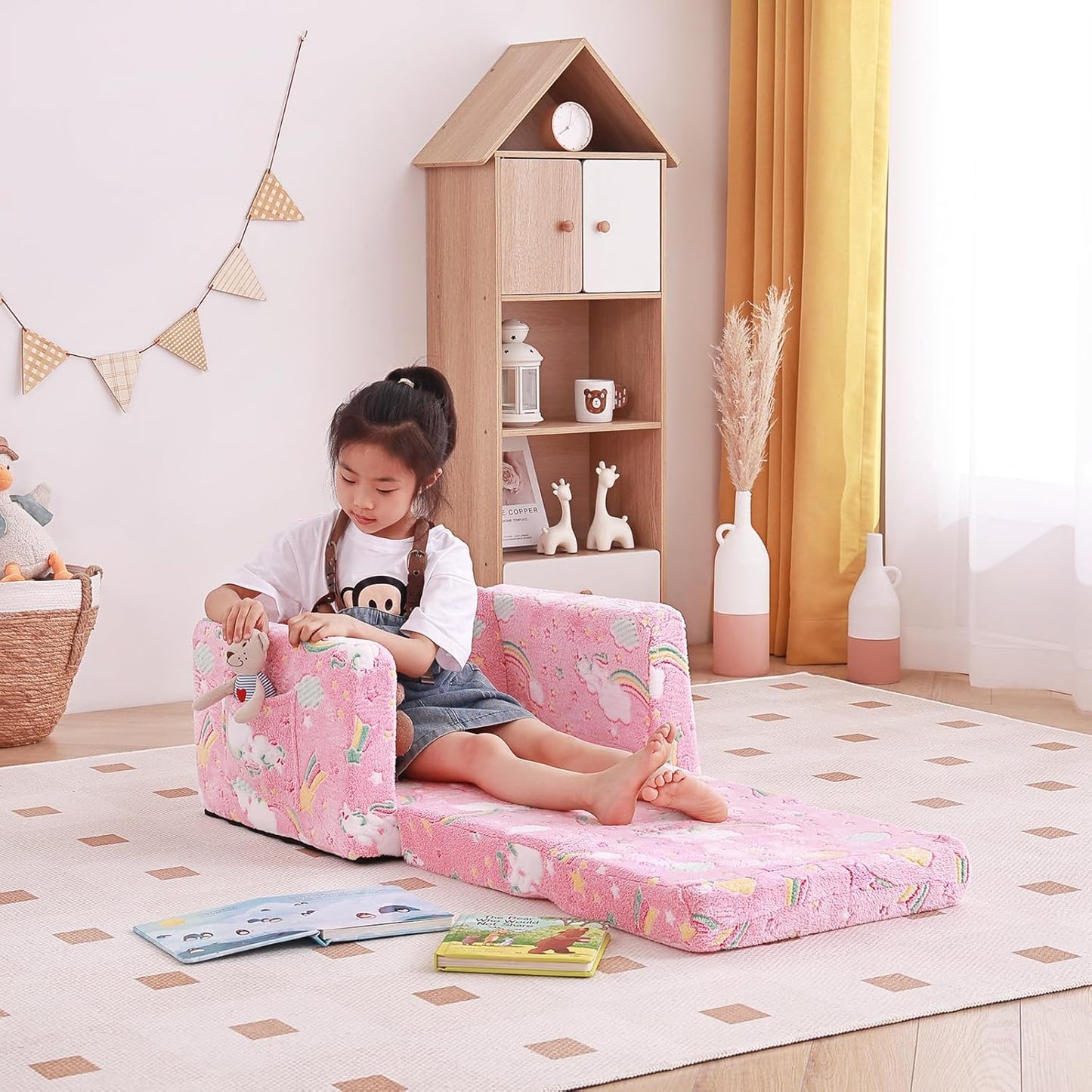 Tiita Kids Chair Couch, Folding Toddler Comfy Chair, 2-in-1 Kids Plush Sofa Fold Out, Baby Armrest Sofa to Lounger, Convertible Play Sofas to Bed for Girl or Boy, Pink Rainbow