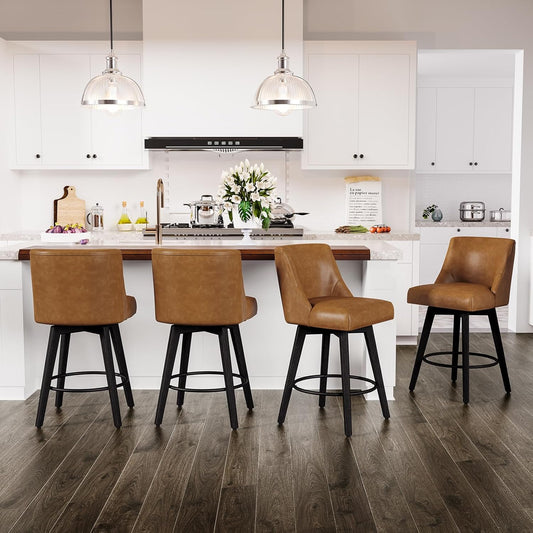 Counter Height Swivel Bar Stools Set of 4, 26 Inch Bar Stools with Footrest, Faux Leather Upholstered Barstools with Back and Solid Wood Legs for Kitchen Island, Dining Room,Pub,Brown