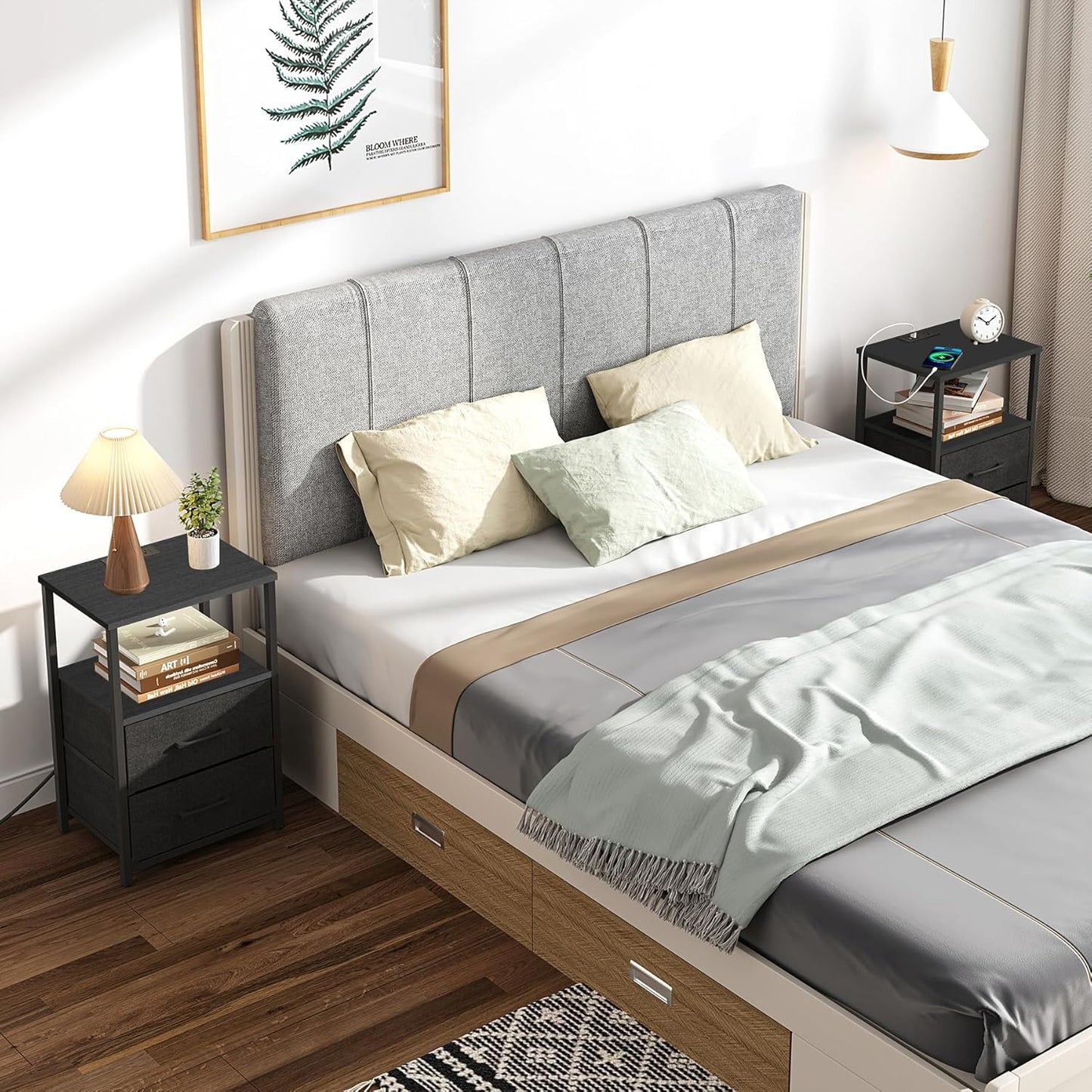 TUTOTAK End Table with Charging Station, Night Stand, Side Table with 2 USB Ports and Outlets, Nightstand with Cloth Drawer, Bedside Table for Livingroom, Bedroom Black TB01BK088