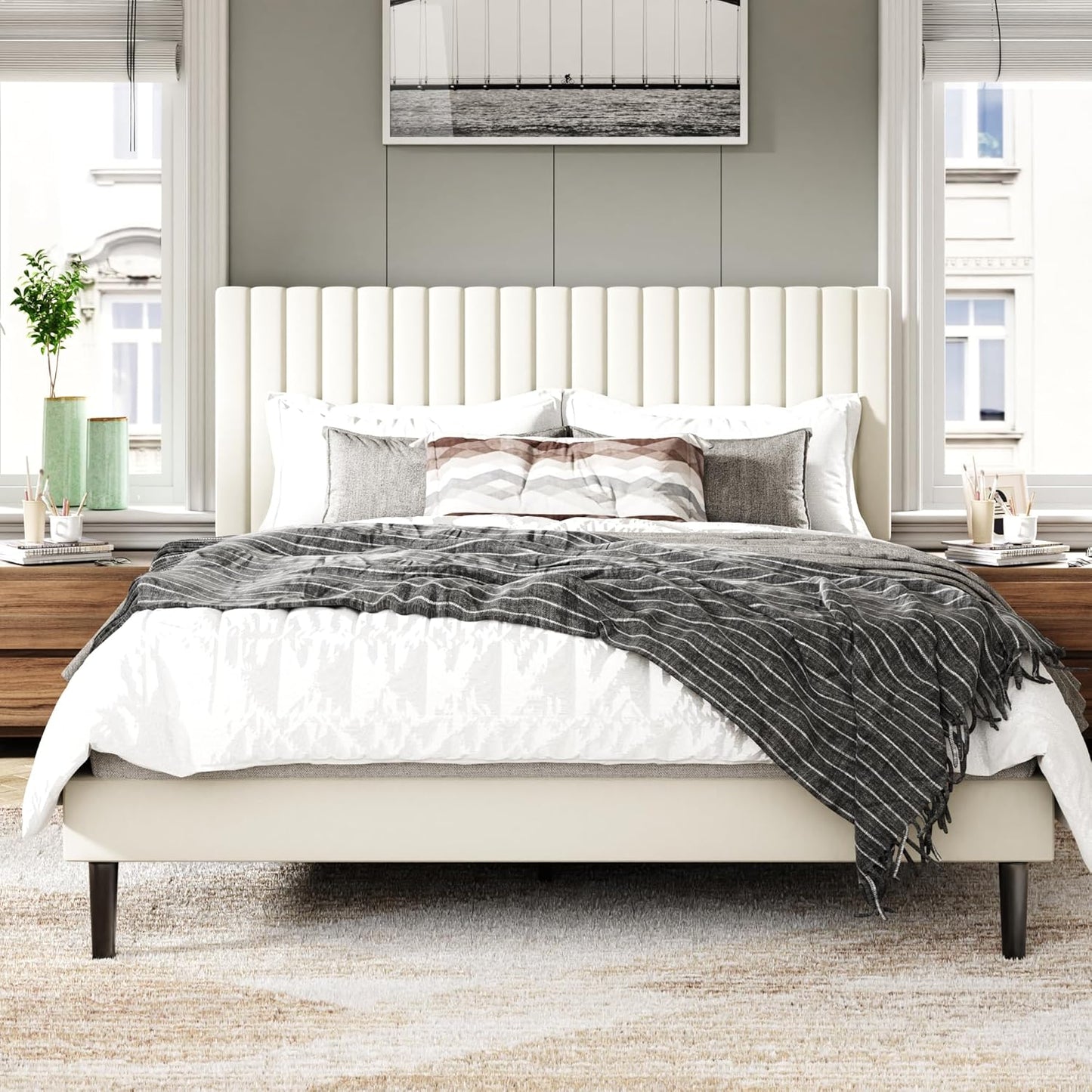 Full Size Bed Frame with Velvet Upholstered Headboard, Platform Bed with Strong Wood Slats, Mattress Foundation, Box Spring Optional, Easy Assembly, Beige