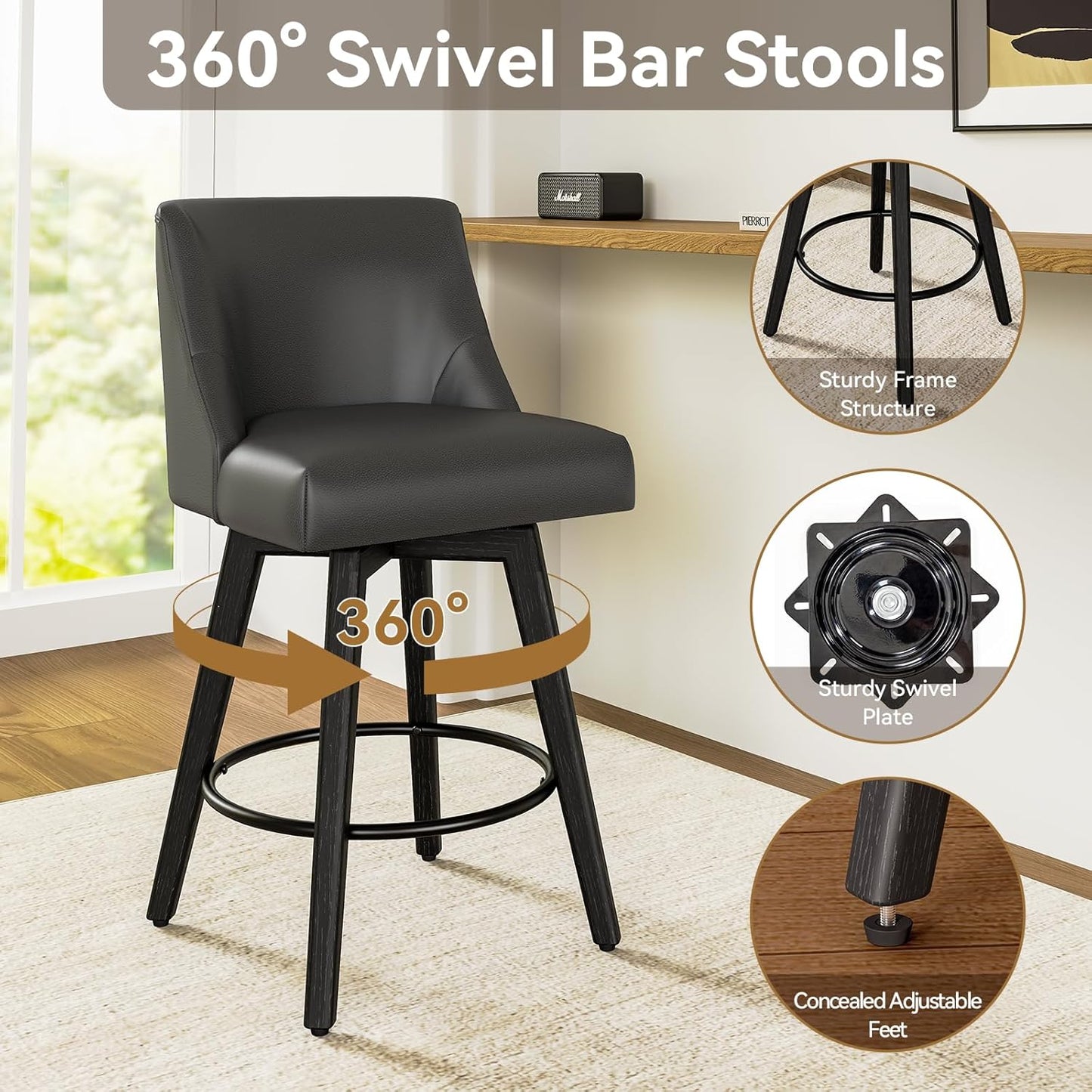 26.8 Inch Counter Height Bar Stools with Back, Swivel Bar Stools Set of 2, Modern Kitchen Barstools with Footrest, Faux Leather Upholstered Bar Chairs, Solid Wood Legs for Island, Pub, Black
