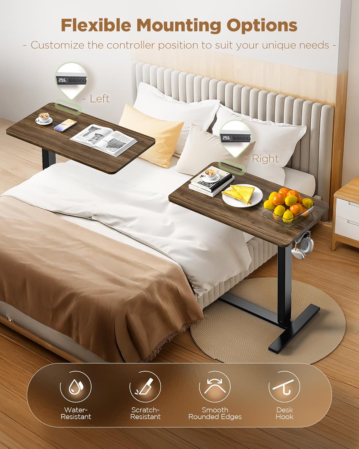 Electric Adjustable Height Standing Desk - Small Sit Stand Portable Rolling Laptop Table with Hidden Wheels, Small Computer Workstation for Bedside & Home Office Use (24"x16",Dark Walnut)